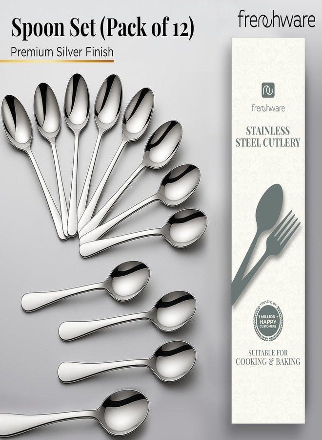 أدوات فرنسية طقم ملاعق فرنسية (12 ملعقة فضية من الفولاذ المقاوم للصدأ)، مصنوعة من مواد آمنة غذائيًا بنسبة 100%، غير سامة، مقاومة للصدأ، آمنة للغسل في غسالة الأطباق، طقم هدايا مثالي لجميع المناسبات - Image 2